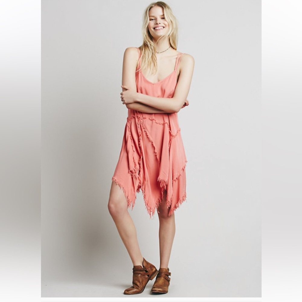 Rare Free People Intimately Tattered Up Shred Pink Peach Boho Mini Slip Dress
